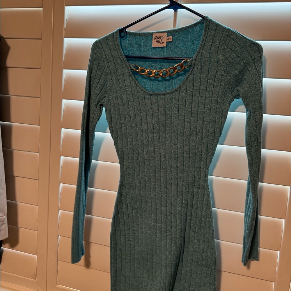Princess Polly Green Embellished Ribbed Long Sleeve Dress